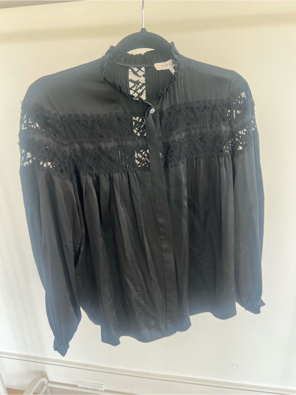 Frame Denim Black Lace Yoke Long-Sleeve Blouse